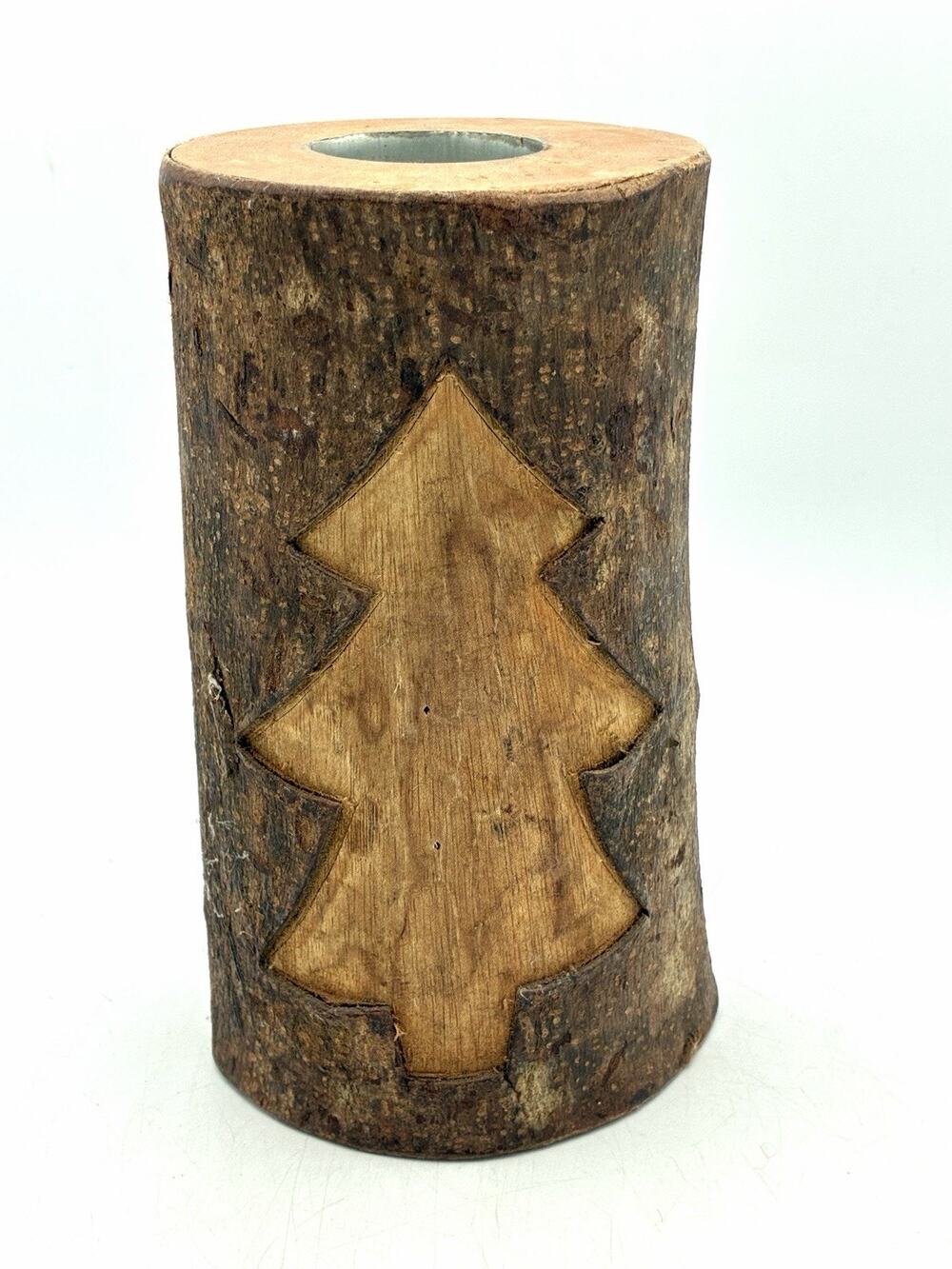 Vintage Philippines Wood Log Candle Holder Christmas Tree Primitive Rustic 7”